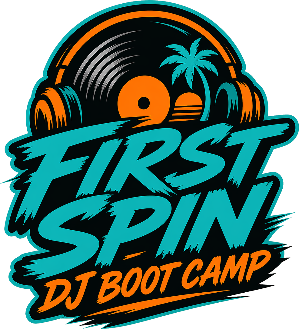 First Spin DJ Bootcamp logo — vinyl record with headphones, a palm tree and a sunset.